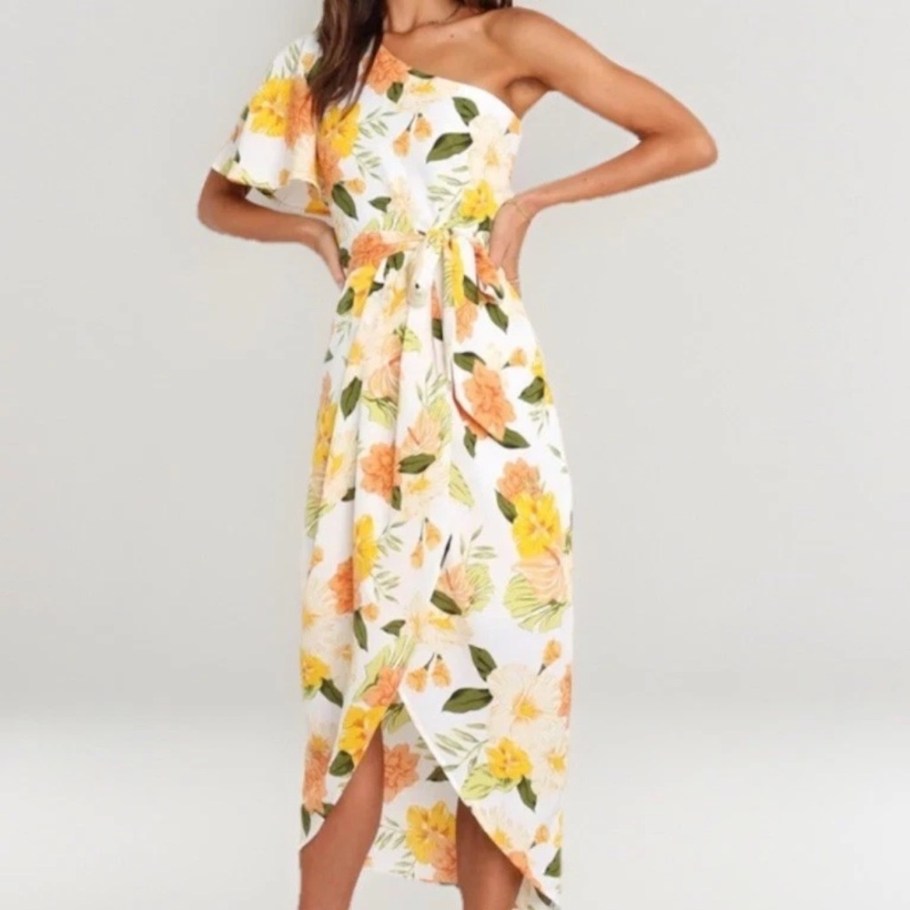 🌼 Petal + Pup “Natasha” Yellow Floral One-Shoulder Dress – Size 12 (US)